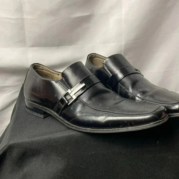 STACY ADAMS MENS SIZE 8 BLACK LEATHER LOAFER SHOES SILVER BUCKLE ACCENT - Picture 6 of 13